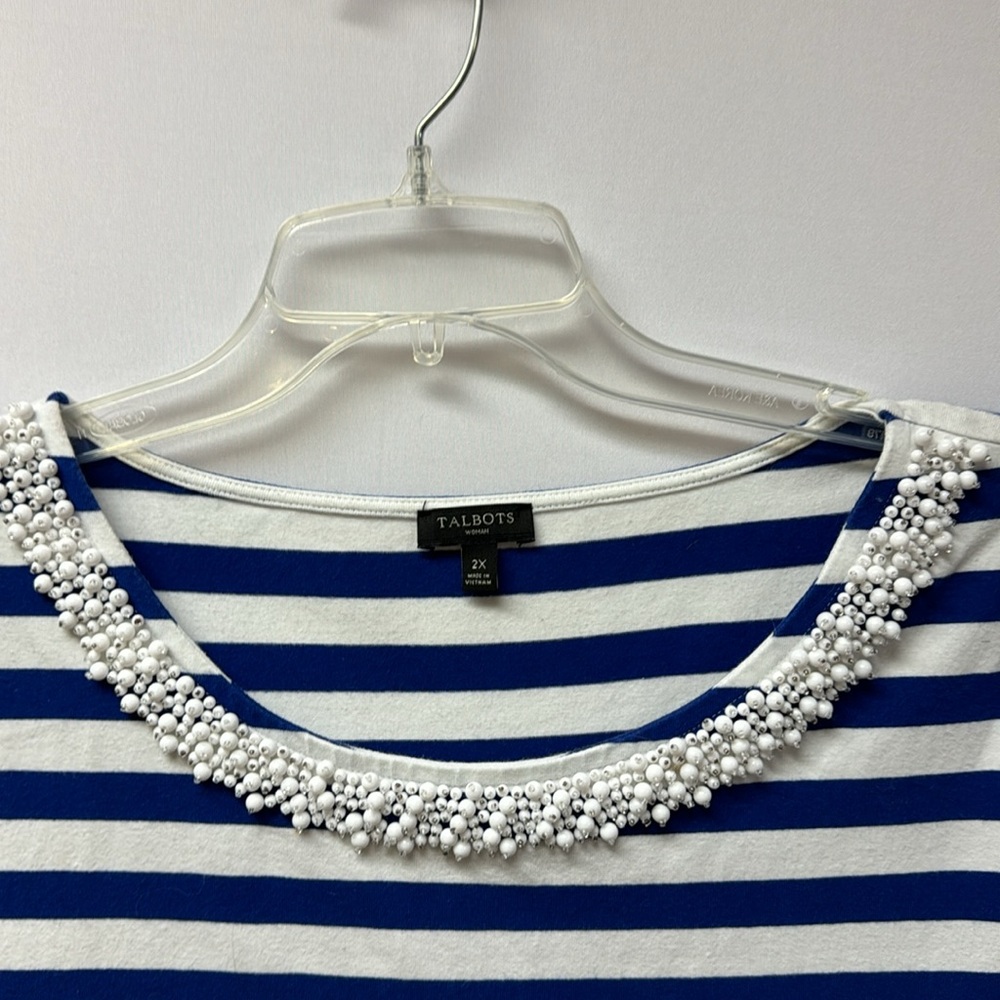 Talbots Woman Shirt Short Sleeve Blue and White Stripe Beaded Size 2X - Picture 3 of 4